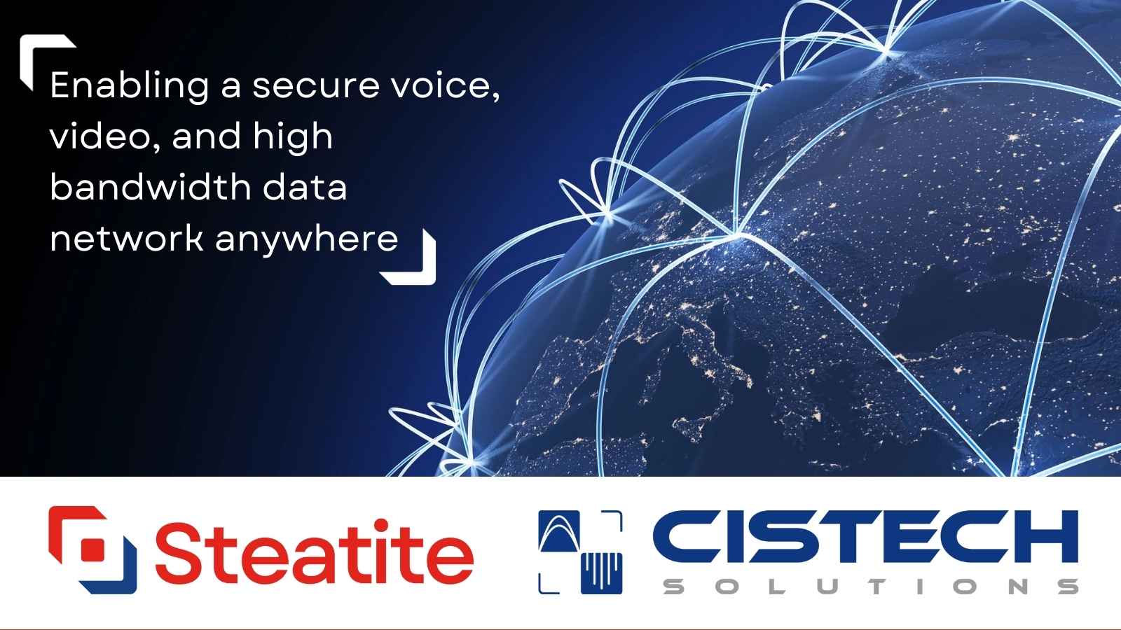 Steatite logo and Cistech logo with a graphic representing communication around the world